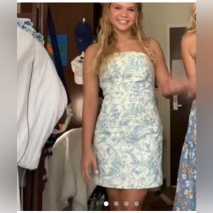 Amanda Uprichard Blue and White Strapless Sheath Mini Dress